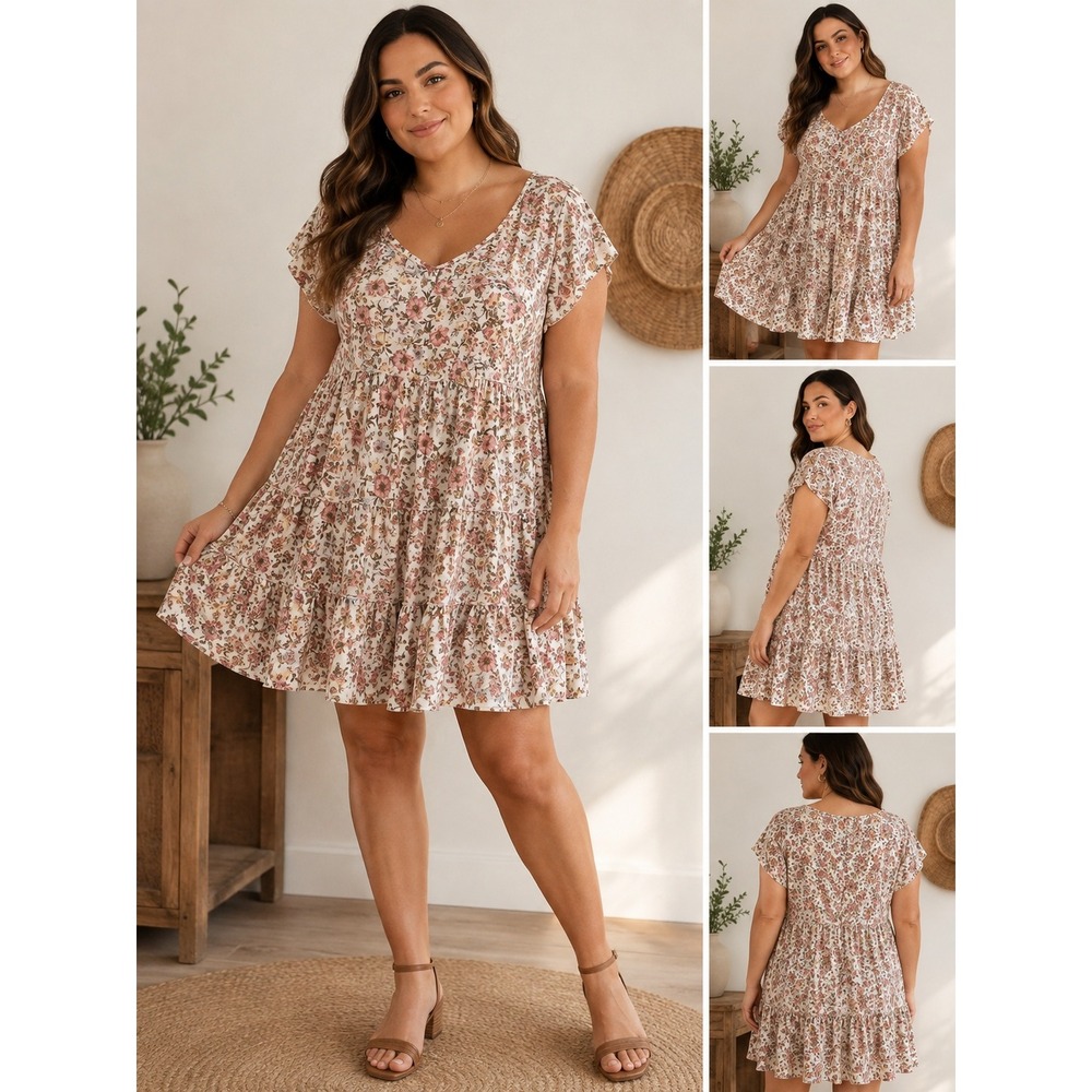 True Craft Plus Size 1X Floral Tiered Babydoll Tunic V Neck Top Cottage Prairie